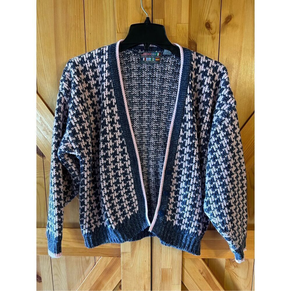 Vintage Paris Sport Club Cardigan Medium Houndstooth Oversized Sweater 90s (4933